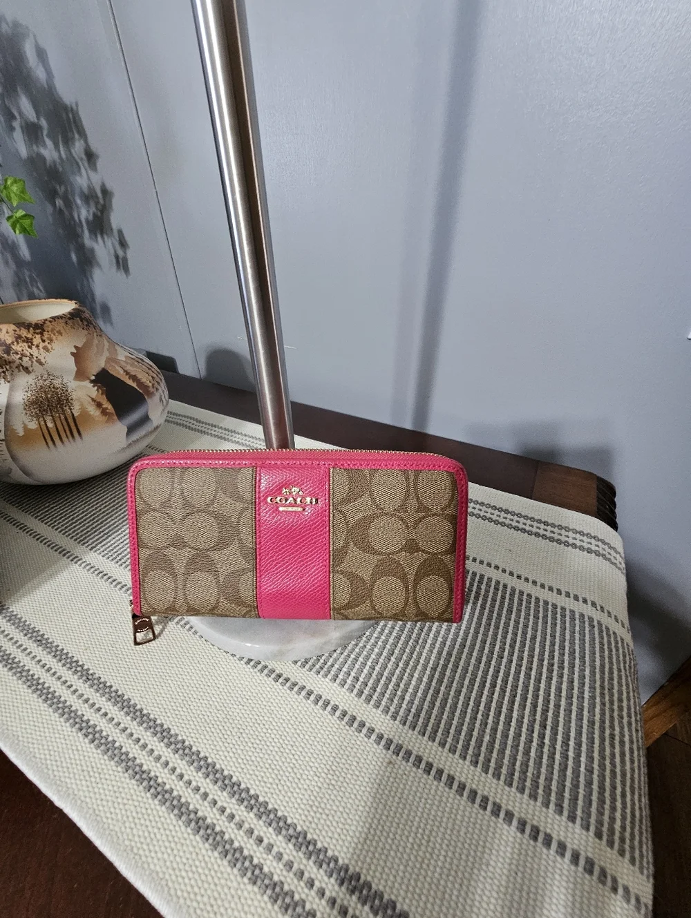 Coach Signature Canvas Wristlet with Pink Trim